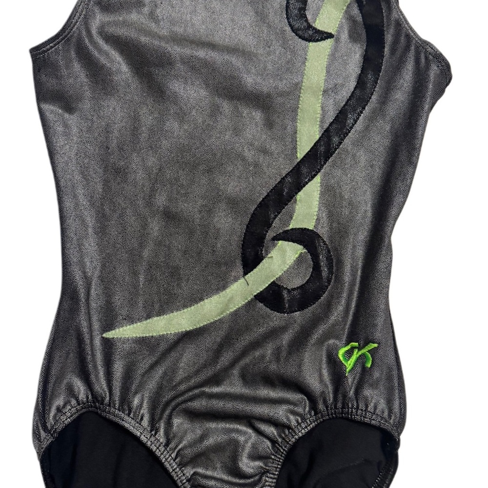 GK Elite Gray and Green Girls Leotard Size CM